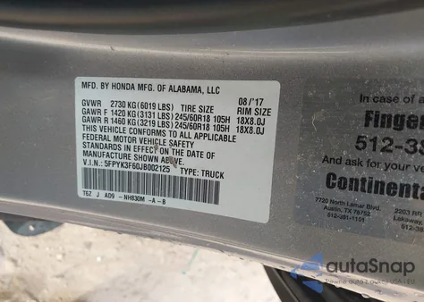 2018 Honda Ridgeline Rtl-T z USA, uszkodzony, nr VIN 5FPYK3F60JB002125